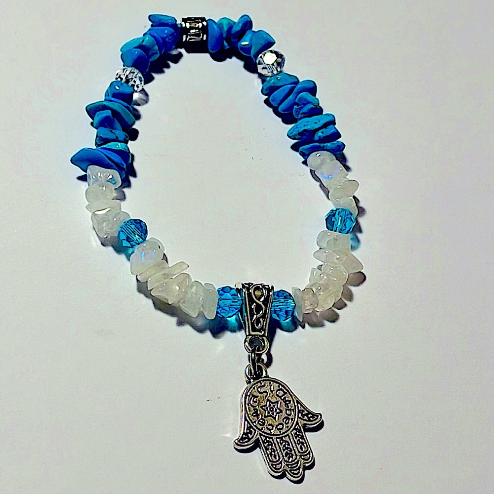 Rainbow Moonstone, Blue Howlite, Swarovski Crystal & Charm Bracelet 💙🩵🤍